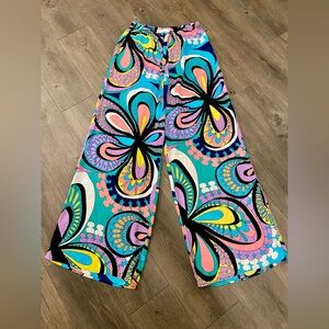 Alice & Trixie Turquoise 100% Silk Pink Yellow Purple Black Floral-Print Pants